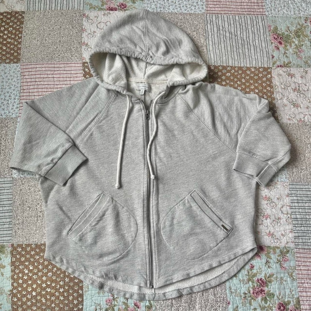 Lucky Brand grey oversize 3/4 sleeve athletic full-zip hoodie